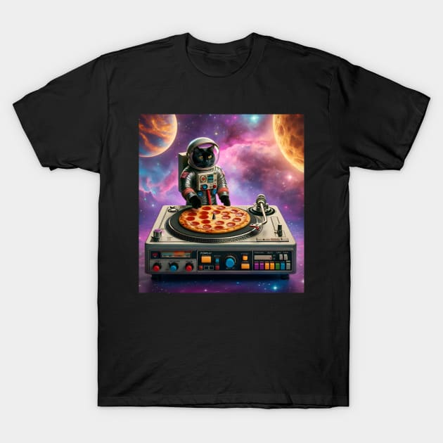 Dj Pizza Black Cat in Space T-Shirt by VisionDesigner